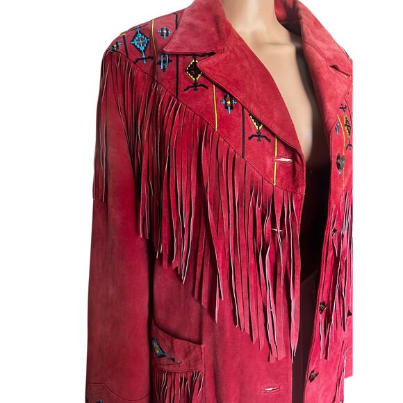 Lew Magram Suede Fringe JCK Women’s 1X Red Western Boho Embroidered Leather Coat - Picture 7 of 12